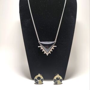 Long Art Deco Black Acrylic Necklace Silvertone Chain Hoop Earrings Sparkle